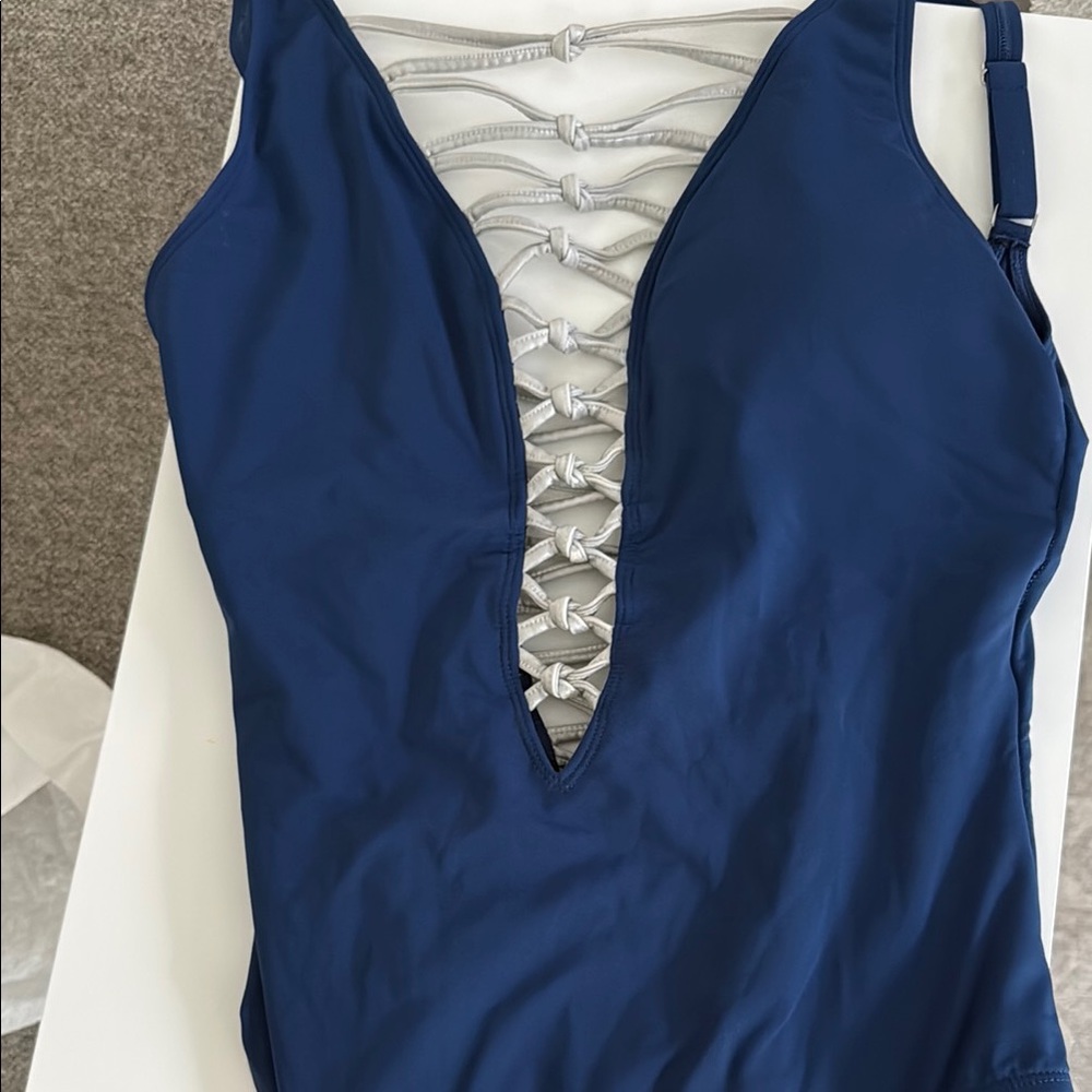 Navy Blue One-Piece Swimsuit with Lace-Up Back Bleu by rod beattie